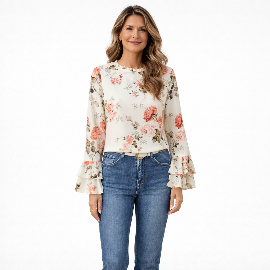 Roovilo™ Haut Fleuri Élégance – Manches Volantées & Col Froncé