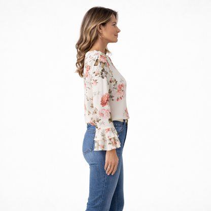 Roovilo™ Haut Fleuri Élégance – Manches Volantées & Col Froncé