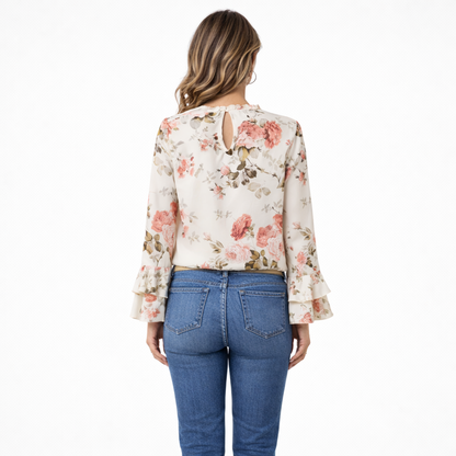 Roovilo™ Haut Fleuri Élégance – Manches Volantées & Col Froncé