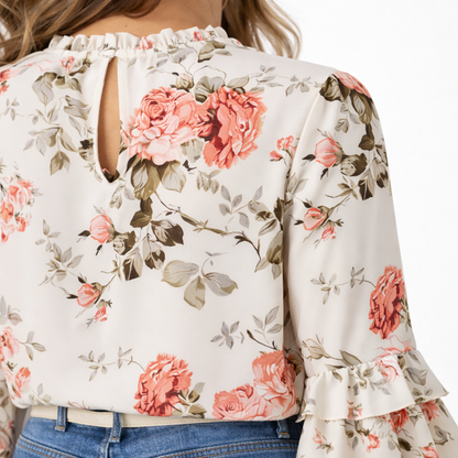 Roovilo™ Haut Fleuri Élégance – Manches Volantées & Col Froncé