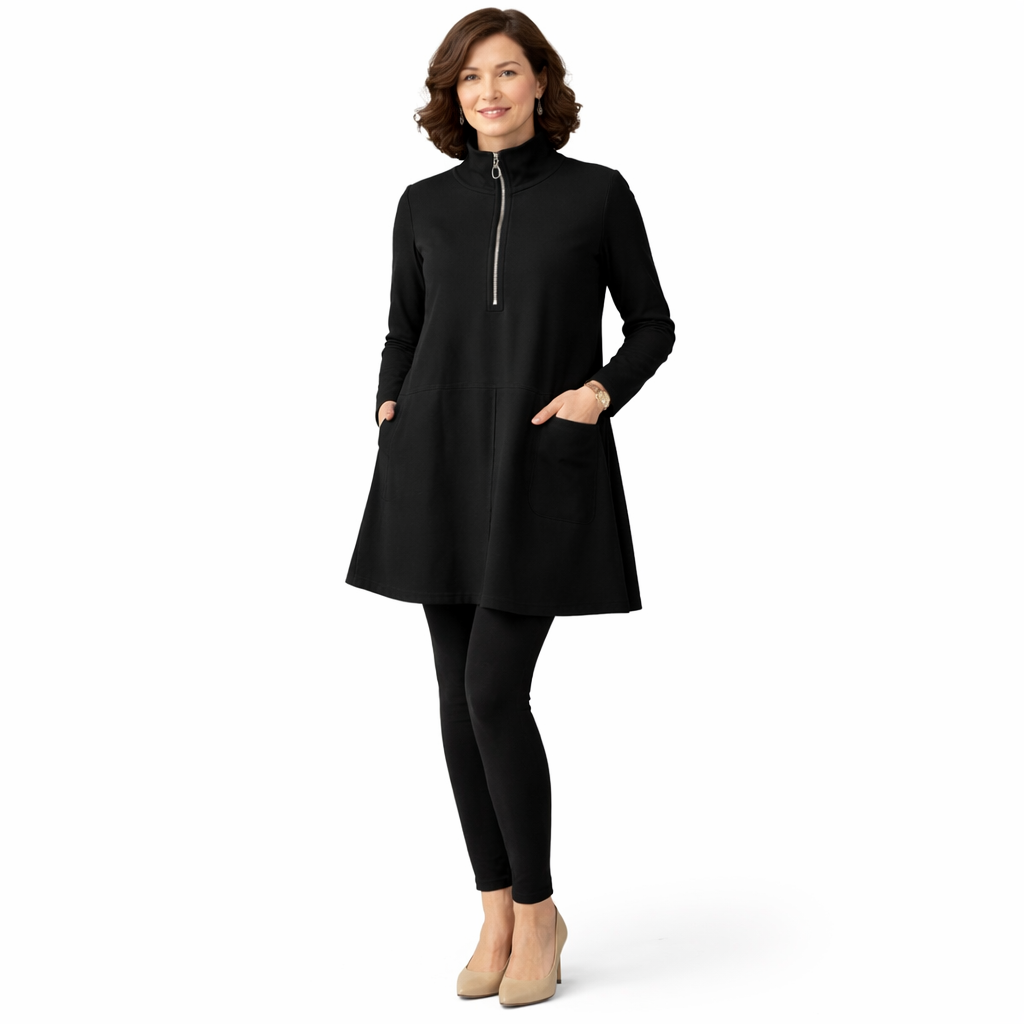Roovilo™ Robe Ample Confort Élégance – Col Zippé, Coupe Flatteuse et Poches Pratiques