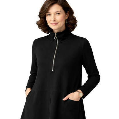 Roovilo™ Robe Ample Confort Élégance – Col Zippé, Coupe Flatteuse et Poches Pratiques