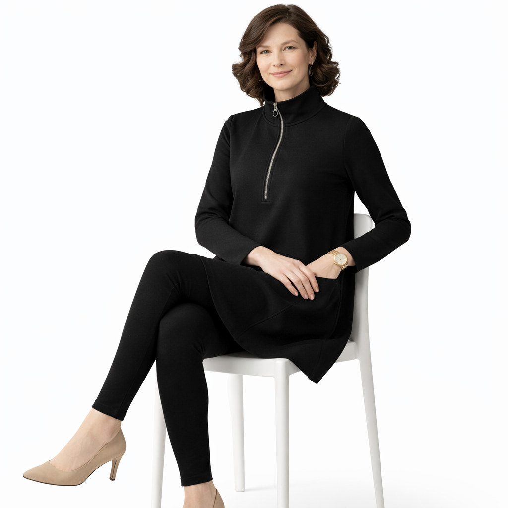 Roovilo™ Robe Ample Confort Élégance – Col Zippé, Coupe Flatteuse et Poches Pratiques
